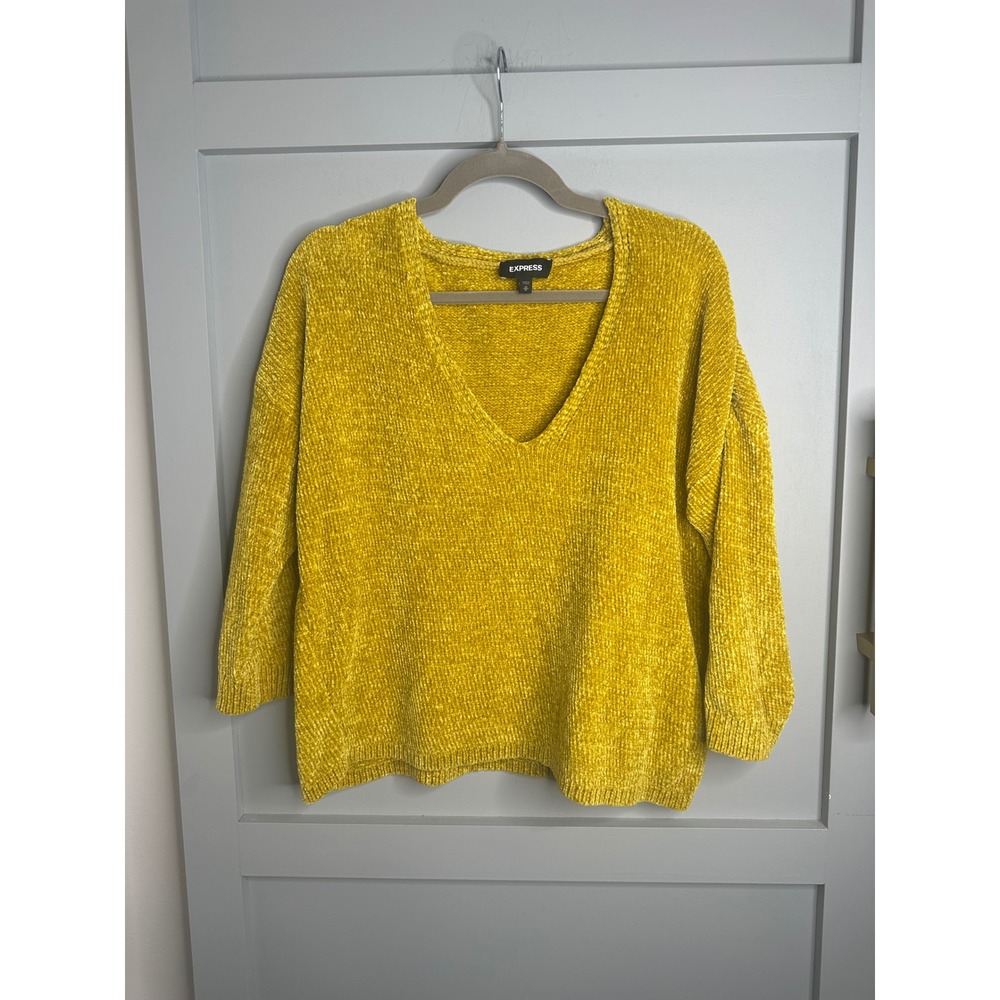 EXPRESS Mustard Yellow Women's Chenille V Neck 3/4 Sleeve‎ Sweater Top M